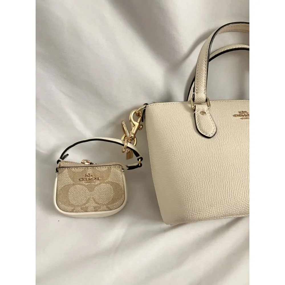 Coach Mini Gallery Bag Crossgrain Leather Chalk White with Pouch Charm and Strap
